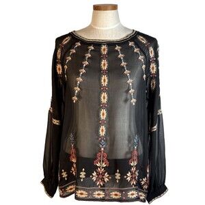 Sundance Mythical Spirit Silk Embroidered Sheer Boho Top Small Long Sleeve Black